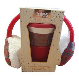 Totes Toasties Ceramic Travel Lidded Mug Earmuffs Reindeer Holiday Gift Box Set